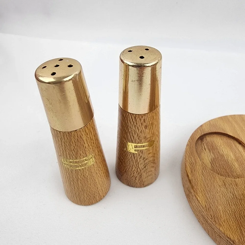 Vtg. Wooden Salt and Pepper and toothpick holder‎ MCM Gold 3in x 2.5 in. Kitchen